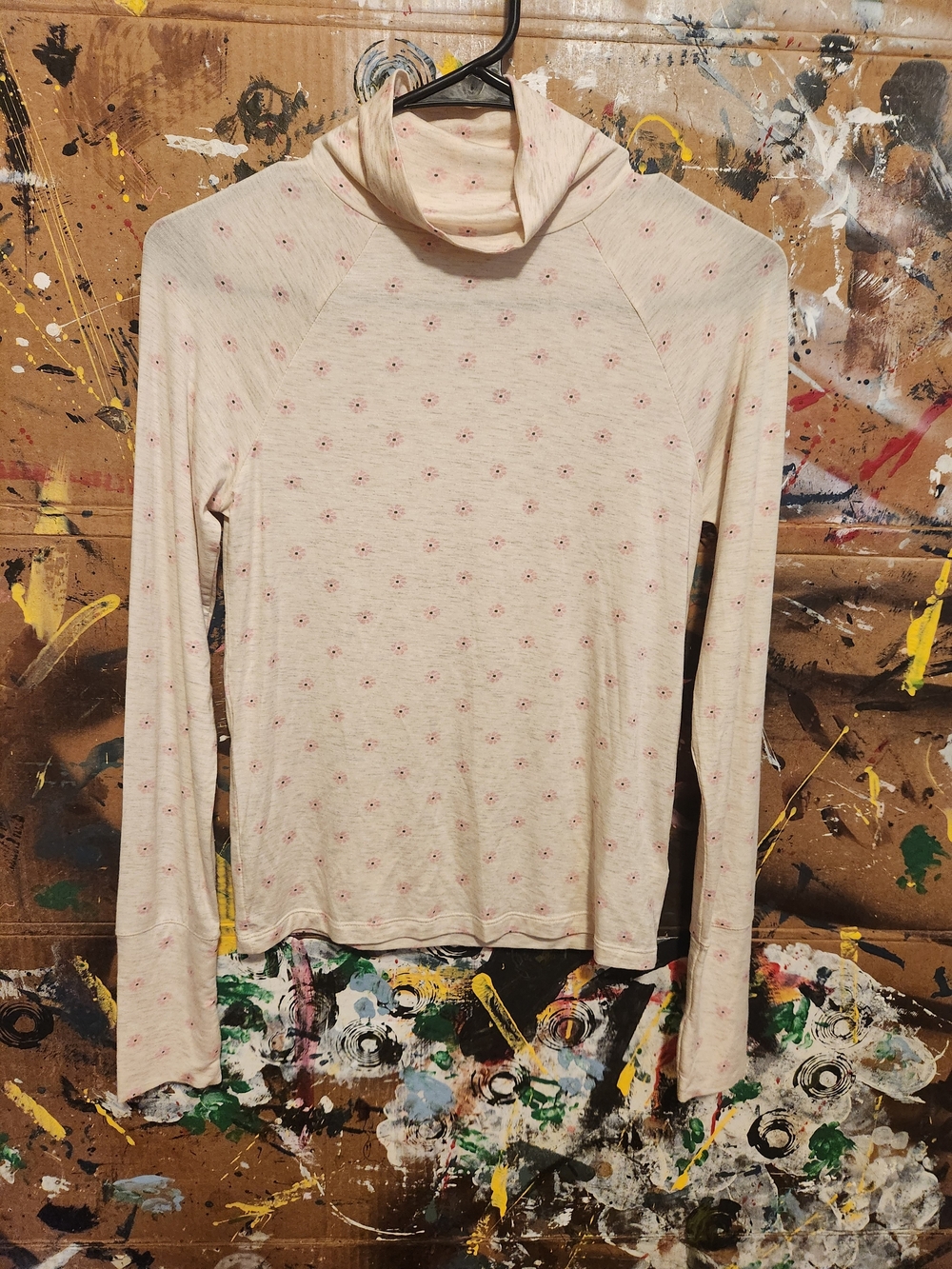 "Offline" By Aerie Women’s Cream Long-Sleeve Turtleneck Top with Pink flowers